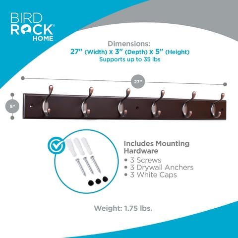 BIRDROCK HOME Oval Hook Coat and Hat Rack | 6 Hooks| Wall Mount | Brown Finish | Bronze Hooks