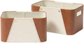 LA JOLIE MUSE Storage Baskets for Organizing, 2 Pack, Storage Cube Boxes Luxury Brown Vegan Leather and Beige Greige Fabric for Closet Shelf Cabinet Bookcase