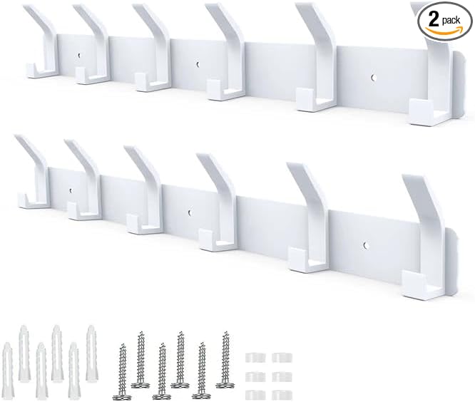 2 Pack Coat Rack Wall Mount,17.3 in Wall Hooks for Hanging, Coat Hanger Wall Mount Towel Rack Hat Rack for Wall with 12 Hooks for Entryway, Bedroom, Bathroom (White)