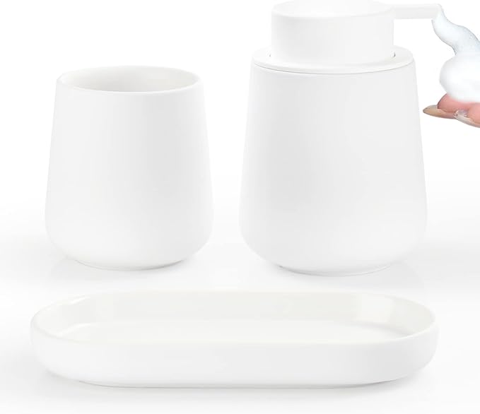 BosilunLife Bathroom Accessories Set 3 pcs - Bathroom Ceramic Foaming Soap Dispenser Set Farmhouse White Bathroom Decor, Foam Soap Dispenser and Toothbrush Holder/Tumbler Cup, Tray
