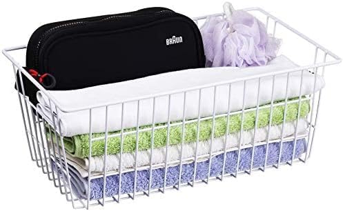 Freezer Wire Storage Organizer Bin Baskets with Handles, Metal Wire Baskets Storage for Organizing Fridge, Closets, Pantry, Kitchen, Garage, Bathroom, White - 4 Pack