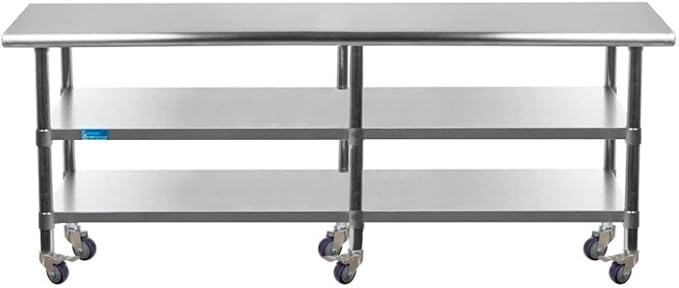 AmGood Stainless Steel Work Table with 2 Shelves and Casters | Metal Utility Table On Wheels (Stainless Steel, 84" Long x 30" Deep)