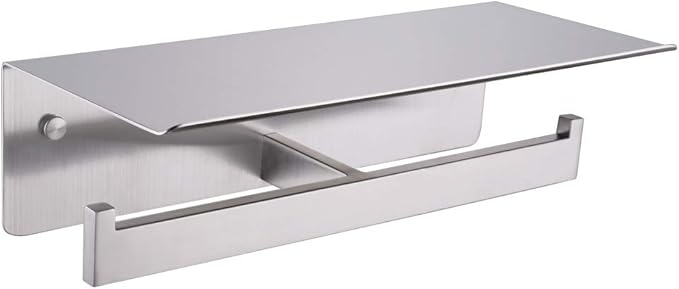 APLusee Double Toilet Paper Holder with Shelf, 304 Stainless Steel Brushed Nickel Bathroom Tissue Holder, Commercial Paper Roll Dispenser Wall Mounted