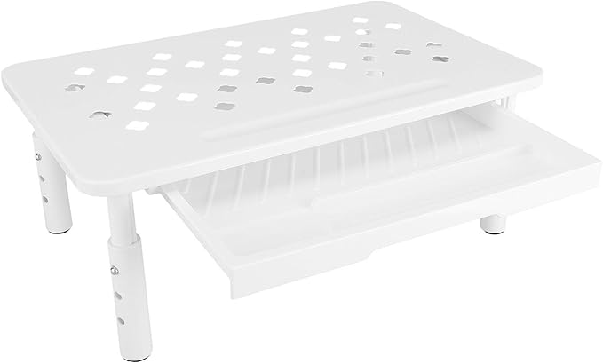 Desk Computer Riser, Monitor Stand Riser with Drawer, 3 Height Adjustable, Metal Laptop Stand, Computer Storage Shelf for PC, Desktop, Laptop, Printer, 20KG Bearing (White)