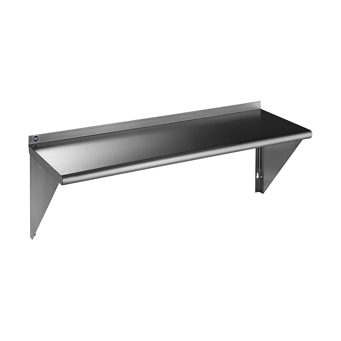 ROCKPOINT Stainless Steel Shelf 18 x 48 Inches 400lb, NSF Metal Commercial Shelves Wall Mount Floating Shelving with Backsplash for Restaurant, Kitchen, Home and Hotel, Silver