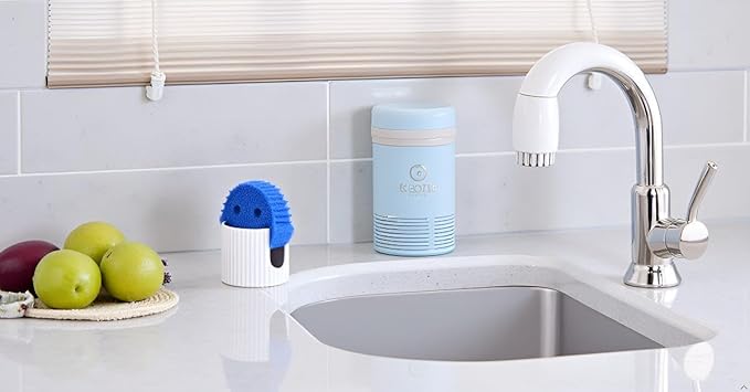 Ceramic Sponge Holder for Kitchen Sink - Dishwasher Safe Porcelain Dish Sponge Caddy Minimalist Vertical Stripes, Scrub Daddy Drying Rack for Countertop, Bathroom, Kitchen Sink Organizer, White