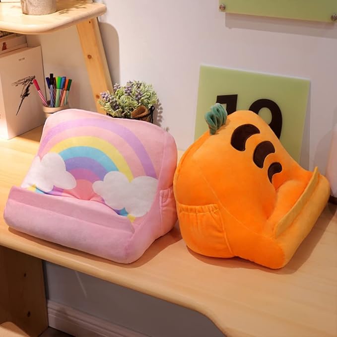Dpofirs Pillow Tablet Stand, Soft Plush Tablet Holder with Storage Pockets for Kids, Compatible with pads Tablet Phone, Sturdy Fluffy Cushion for Home Travel School Birthday Christmas (green)