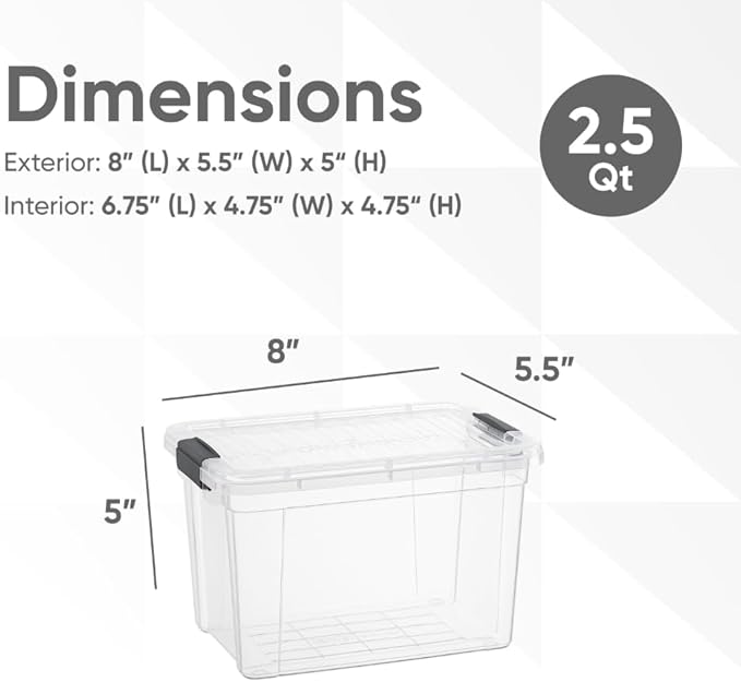 Superio Storage Bins with Lids- 8 Pack, 2.5 Qt Clear Boxes for Organizing, Stackable Plastic Containers- BPA Free, Non-Toxic, Odor Free, Organizer for Home, Office, Dorm