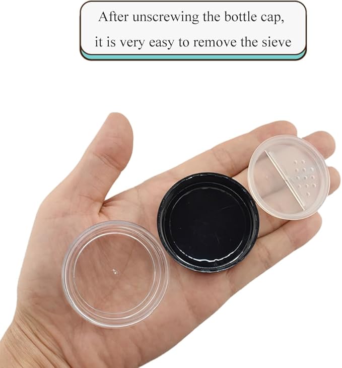 HAHIYO 2Pcs 20ml/0.68oz Plastic Empty Travel Compact Case Makeup Cosmetic Jar Refillable Powder Box No Leak Holder with Rotatable Sifter and Black Screw Lid