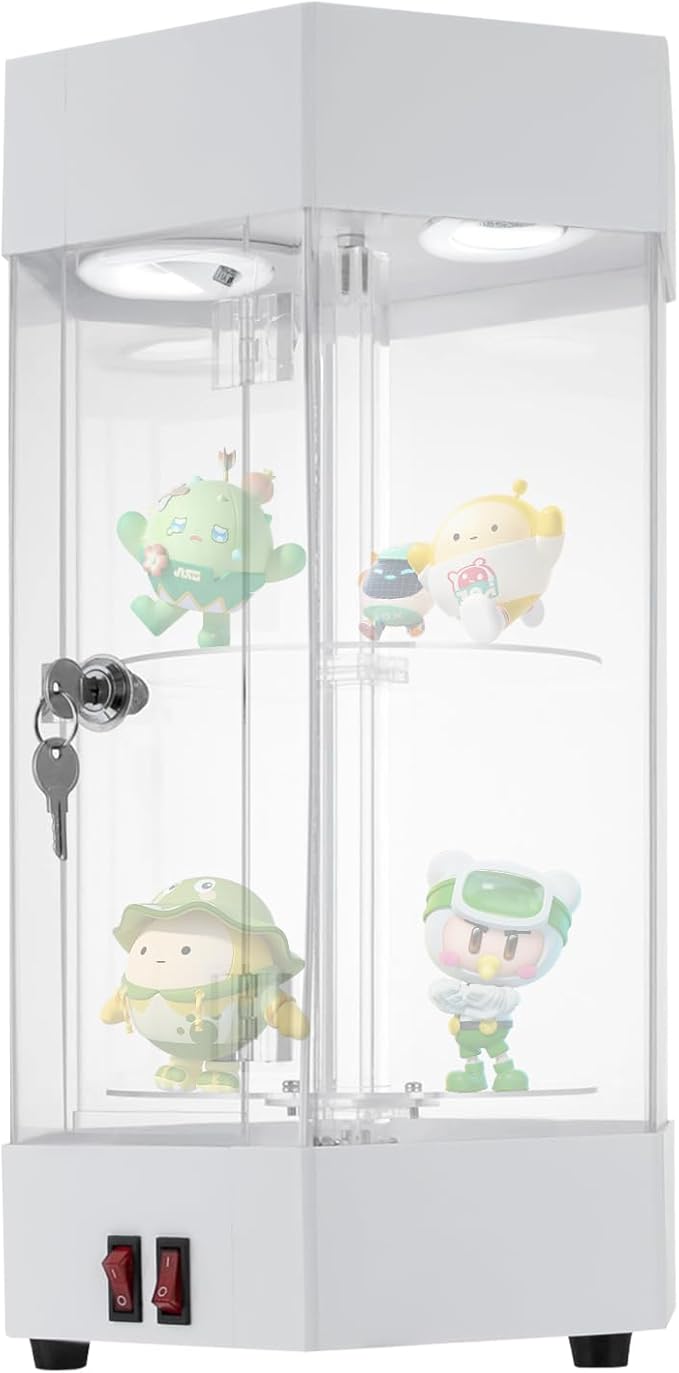 2-Tier Electric Rotating Jewelry Display Case with LED Lights - Acrylic Hexagonal Showcase with Lockable Door - for Watches, Cosmetics & Collectibles