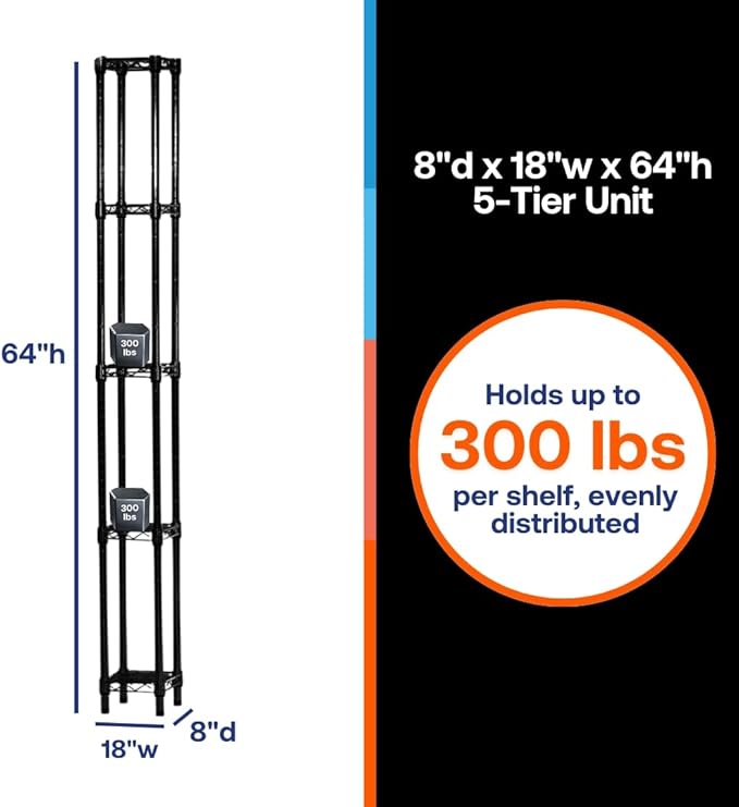 Shelving Inc. 8" d x 18" w x 64" h Black Wire Shelving with 5 Tier Shelves, Weight Capacity 300lbs Per Shelf