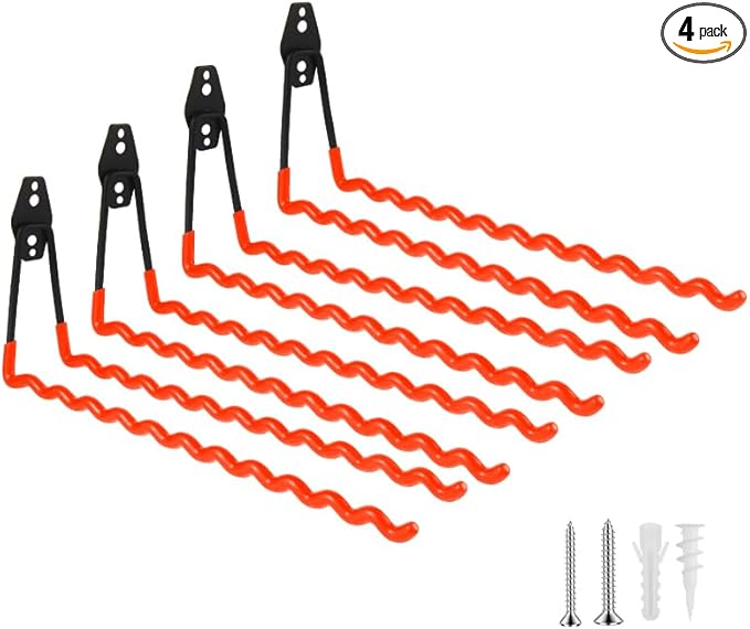 Wall Mounted Garage Hooks Tool Organizer, 12.4 Inch Garage Storage Hook Heavy Duty Utility Wall Hangers Orange for Ladders, Hose, Garden Tools, Set of 4