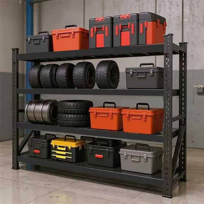 59" W Garage Shelving, Heavy Duty 4 Tier Metal Storage Shelves, Adjustable Industrial Shelving Unit for Garage, Warehouse, Workshop