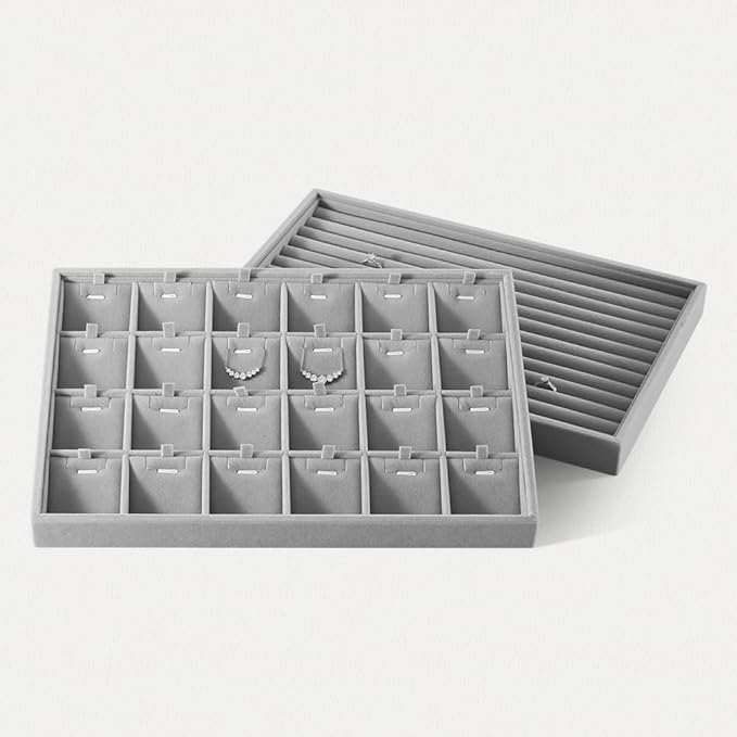 Velvet Necklace Display Tray, Stackable 24 Grid Insert Pendant Necklaces Storage Holder Plate, Jewelry Retail Countertop Organizer (Gray)