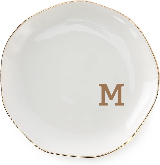 Initials Ring Dish Jewery Tray with Personalized M-Monogrammed Mother's Day Gifts Wedding Engagement for Women Friends sister,Ceramic White