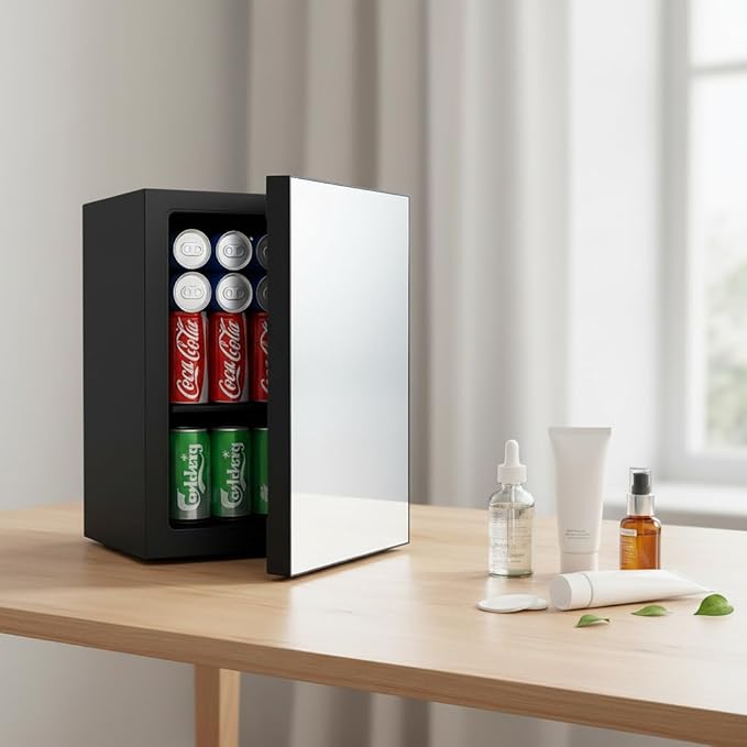 0.9 Cu.Ft Mini Refrigerator and Beauty Fridge, 24 Cans Mini Fridge with Mirror Door, Temperature Control, Removable Shelf, Compact Cooler for Bedroom, Dorm, Office, Beverage Beauty Storage
