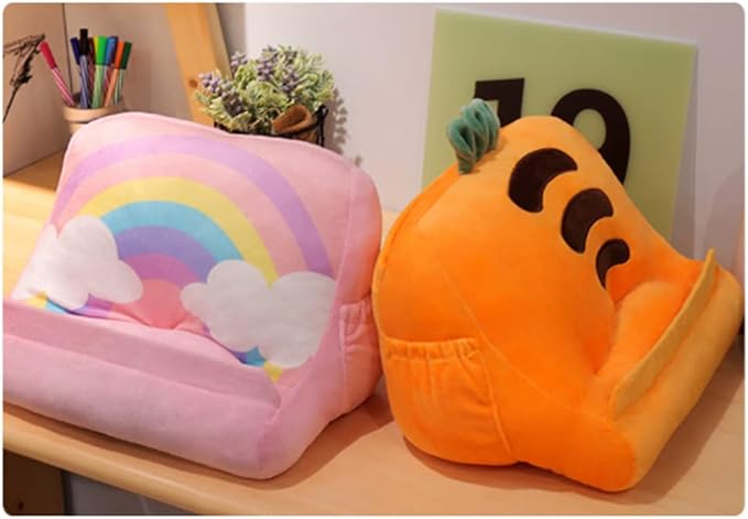 Dpofirs Pillow Tablet Stand, Soft Plush Tablet Holder with Storage Pockets for Kids, Compatible with pads Tablet Phone, Sturdy Fluffy Cushion for Home Travel School Birthday Christmas (orange)