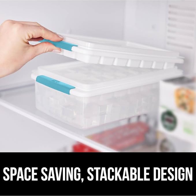 GORILLA GRIP BPA-Free Easy Release Ice Cube Tray for Freezer, Make Lots of Ice, 56 Cubes Total, Kit Includes 2 Stackable Leakproof Trays with Lid and Soft Handle Grips, Scooper, Bin, Turquoise