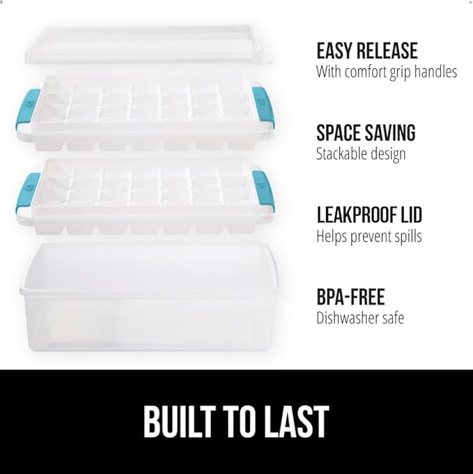GORILLA GRIP BPA-Free Easy Release Ice Cube Tray for Freezer, Make Lots of Ice, 56 Cubes Total, Kit Includes 2 Stackable Leakproof Trays with Lid and Soft Handle Grips, Scooper, Bin, Turquoise