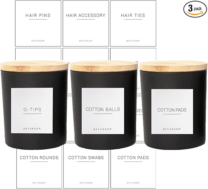 3PCS Modern 13.53oz Black Bathroom Canisters with 12 Labels & Wooden Lid Thick Glass Jar Set Qtip Holder for Cotton Ball & Pads Storage Organization Minimalist Decor