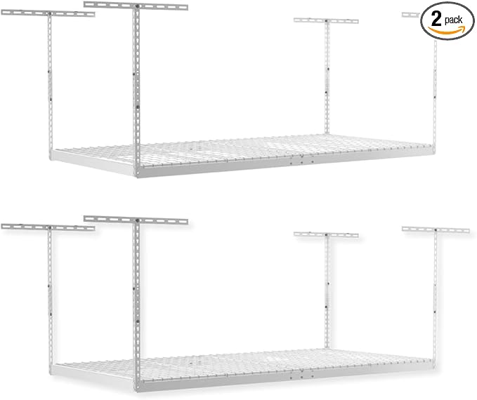 SafeRacks Overhead Garage Storage Rack, Heavy Duty Racks for Garage w/ 600 lb Capacity, Easy Garage Storage Adjustable Storage Rack Ceiling Mount Storage for Garage 4x8 White, 12"-21" (2 Pack)