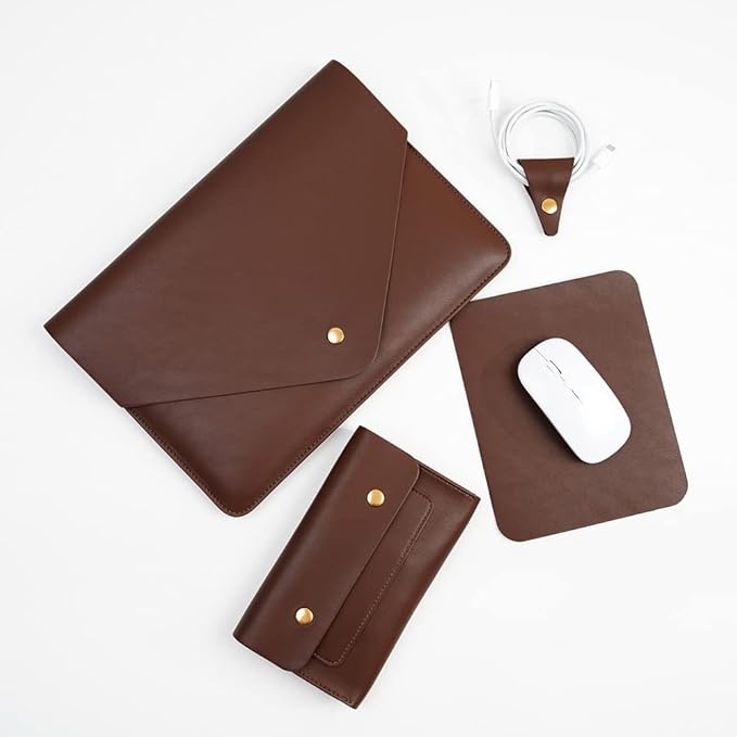 Laptop Sleeve for 15.3 inch MacBook Air 2023/2024, Surface Laptop 15/Book 13.5/Studio with Small Pouch, Mouse Pad and Cord Holder - Dark Brown