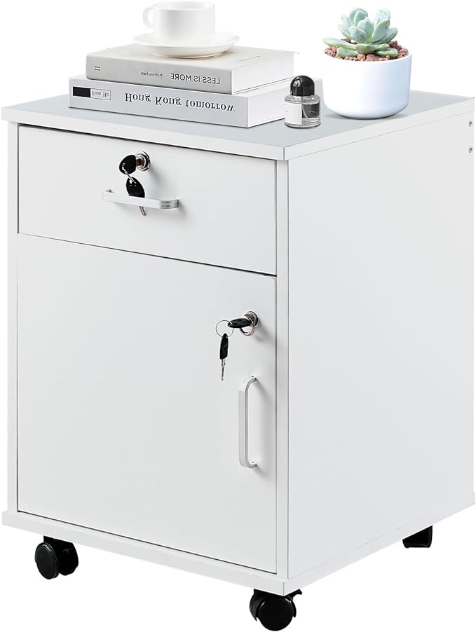 TUKAILAi Mobile File Cabinet with Lockable Drawer & Door, Under Desk Rolling Filing Cabinet with 4 Wheels, Wooden Stationery Storage Cabinet for Home Office (White)