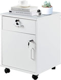 TUKAILAi Mobile File Cabinet with Lockable Drawer & Door, Under Desk Rolling Filing Cabinet with 4 Wheels, Wooden Stationery Storage Cabinet for Home Office (White)