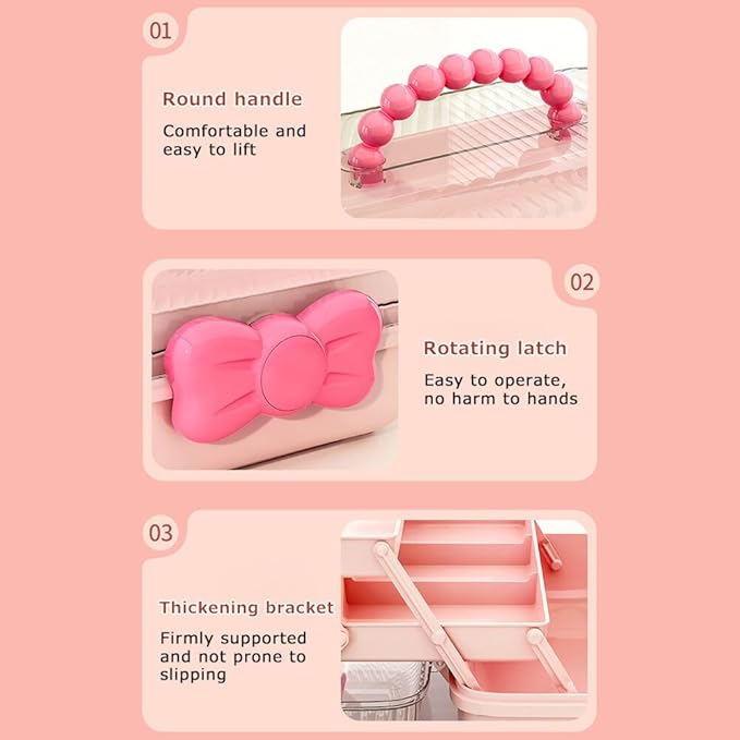 Cute Girls Hair Accessories Storage Box Bow Switch Organizer Box Jewelry Box, Plastic Hair Ties Holder Hair Clips Container Storage Box for Home, School, Office(Pink)