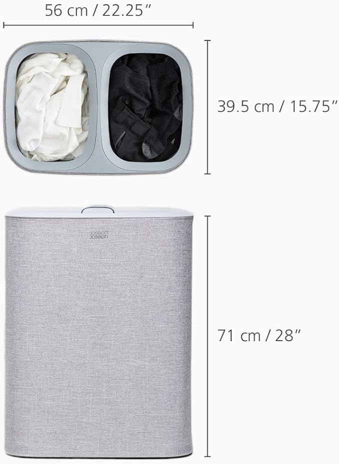 Joseph Joseph Tota 90 liter/23.8 gallon Laundry Hamper Separation Basket with lid, 2 Removable Washing Bags with Handles - Gray