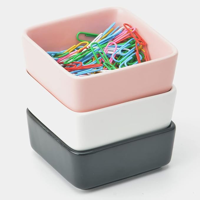 2 PCS Ceramic Paper Clip Organizer, Square Dispenser for Desk, Binder Clip Holder and Bobby Pin Holder, Compact Office Gift, Black