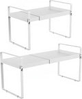 Expandable Cabinet Shelf Organizer 14-25 Inch Adjustable Length, 9" Wide 2-Tier (8" Bottom Layer) Metal Storage Rack for Kitchen Pantry, Under Sink Countertop - Heavy Duty White(2 Pack)