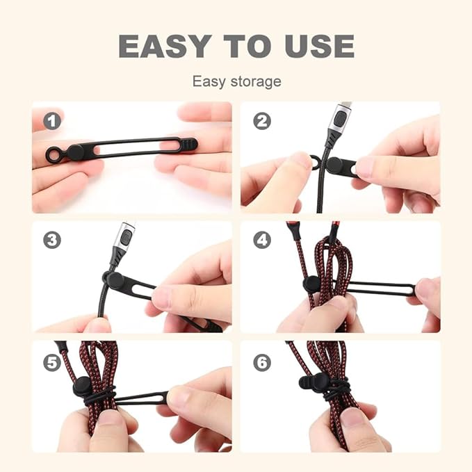Data Cable Organizer, Silicone Cable Ties Reusable - Elastic Cord Organizer for Electronics, Adjustable Wire Ties for Cable Management,Computer Wires,Phone Charger,Earphone,Home Office (Black, 5PCS)