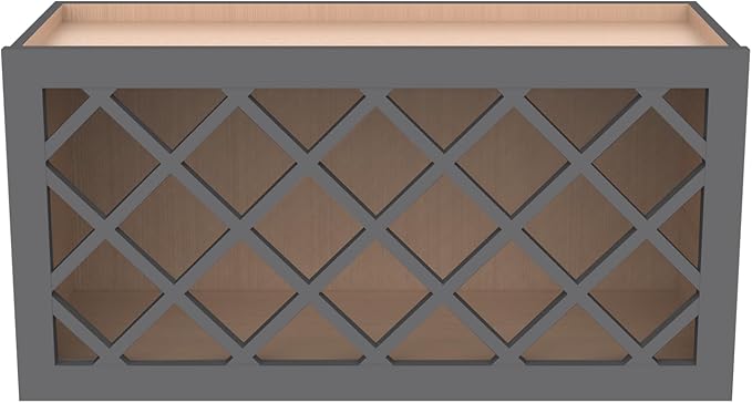 Solid Wood RTA Wine Bottle Rack Wall Cabinet with Lattice Panels Wine Holder Wine Storage Cabinet for Bar, Pantry, Wine Cellar Basement Countertop Mocha (Pebble Gray, 30”W × 12”D × 18”H)