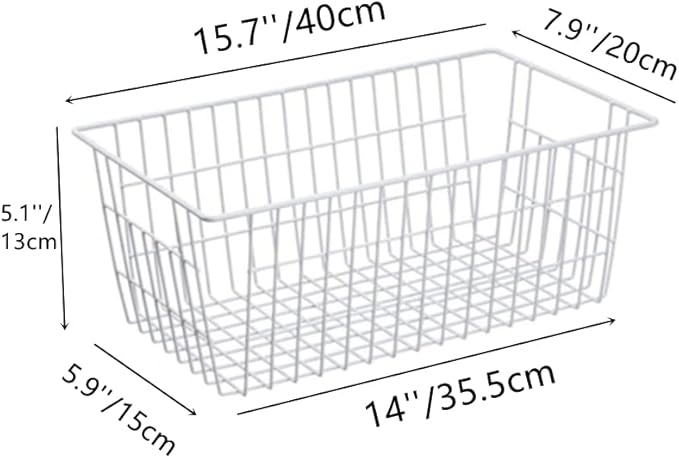 Wire Storage Basket Freezer Organizer Bins Food Storage Baskets with Handles Pantry Organizer for Kitchen Cabinets Closet Bedroom Bathroom,Set of 2,White