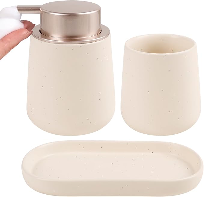 BosilunLife Bathroom Accessories Set 3 pcs - Bathroom Ceramic Foaming Soap Dispenser Set Farmhouse Bathroom Decor, Foam Soap Dispenser and Toothbrush Holder with Tray