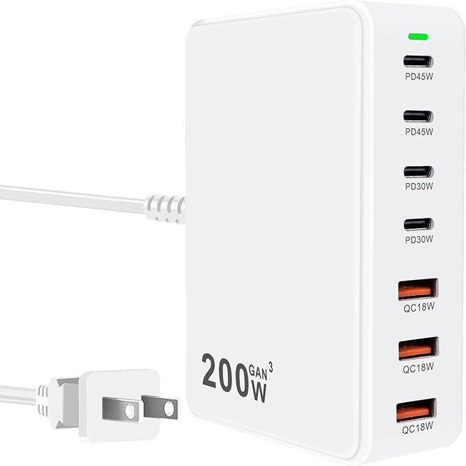 USB C Charger 200W USB C Charger Block, Upgraded GaN 7-Port Fast Charging Station Hub, Laptop Charger Adapter, Compatible with MacBookAir/Pro, DELL, iPhone16/15, iPad, Steam (White)