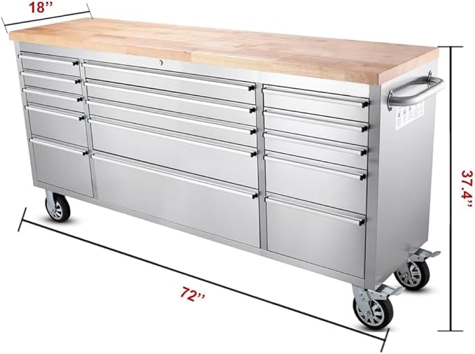 2 Pack - 72" Stainless Steel Rolling Tool Chest with 15 Drawers, Lockable Storage Cabinet, Mobile Workbench, Assembled Large Tool Box with Wheels for Garage Workshop (2 × HTC7215W1)
