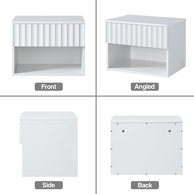 Floating Nightstand with Fluted Drawer - Modern Wall Mounted Bedside Table with Open Storage Shelf, Small Night Stand TV Stand for Bedroom(Matte White)