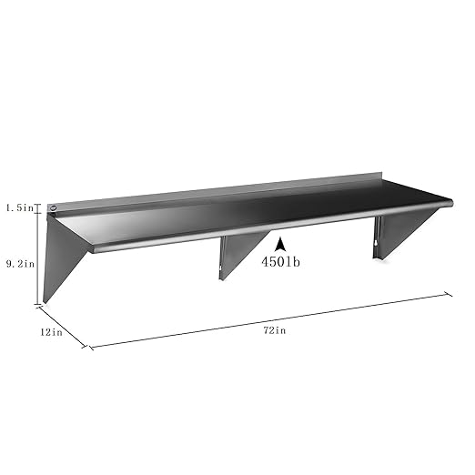 ROCKPOINT Stainless Steel Shelf 12 x 72 Inches 450lb, 2 Pack NSF Commercial Wall Mount Floating Shelving with Backsplash for Restaurant, Kitchen, Home and Hotel, Silver
