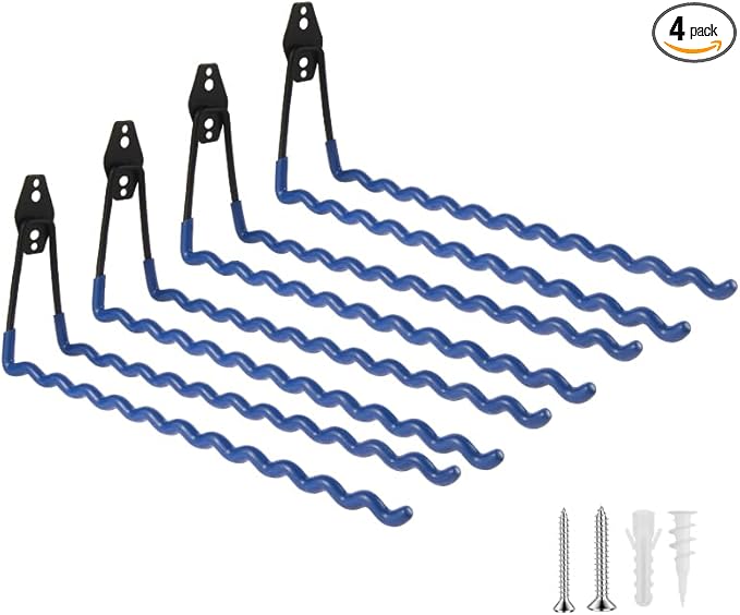 Wall Mounted Garage Hooks Tool Organizer, 12.4 Inch Garage Storage Hook Heavy Duty Utility Wall Hangers Blue for Ladders, Hose, Garden Tools, Set of 4