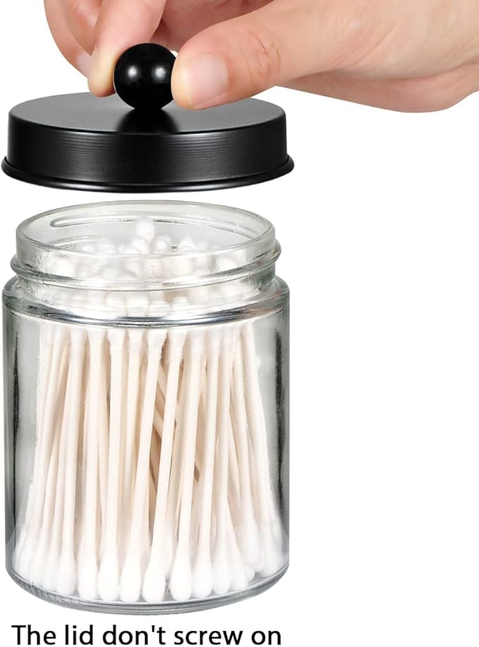 Amolliar Apothecary Jars Bathroom Storage Organizer - Cute Qtip Dispenser Holder Vanity Canister Jar Glass with Lid for Cotton Swabs,Rounds,Bath Salts,Makeup Sponges,Hair Accessories/Black（2 Pack）