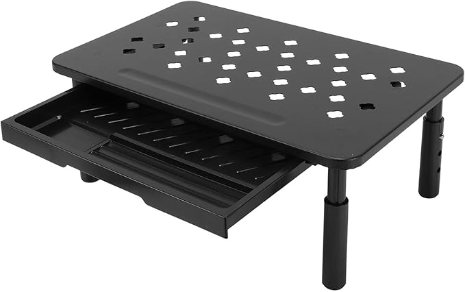 Computer Monitor Stand Riser, Adjustable Height Ergonomic Metal Laptop Stand with Drawer and Ventilation Holes, for Desk Storage Organizer Underneath 20KG Capacity (Black)