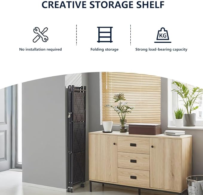Foldable 4-Tier Metal Storage Shelf with Locking Wheels, Pre-Assembled Rolling Rack for Easy Setup, Space-Saving Organizer for Kitchen, Pantry, and Closet, 28.54" L x 14.17" W x 46.06" H