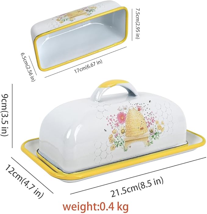 Enameled Farmhouse Vintage Butter Dish with Lid, 7.5 Inch Durable Kitchen Food Storage Container Rust-Resistant Refrigerator Safe,Vintage Decorative Design Kitchenware for Countertop