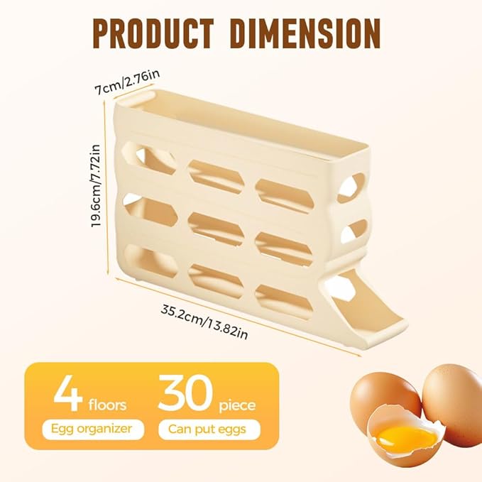 4-Tier Refrigerator Egg Holder, Automatic Gravity-Fed Rolling Egg Dispenser with Easy-Load Design, Space-Saving Fridge Organizer for Up to 30 Eggs, Kitchen & Pantry Storage Container (White) (gray)