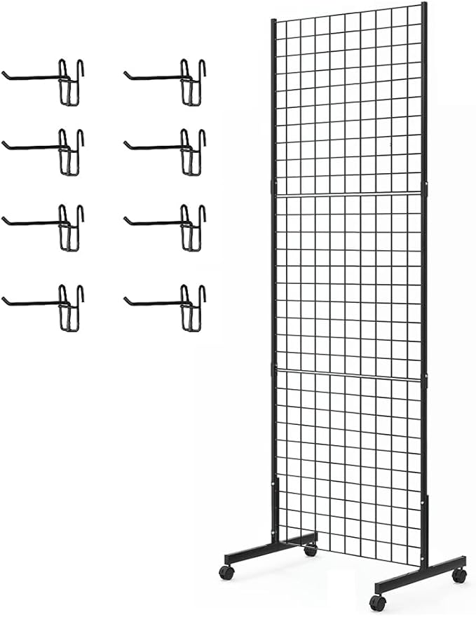 Eastern Tree 1 Pack 2'x 5' Three Pieces Gridwall Panels Stand with T-Base, Black Wire Grid Wall Rack with Wheels, Craft Display Rack, Retail Display Stand, Extra More 8 Pieces Hooks