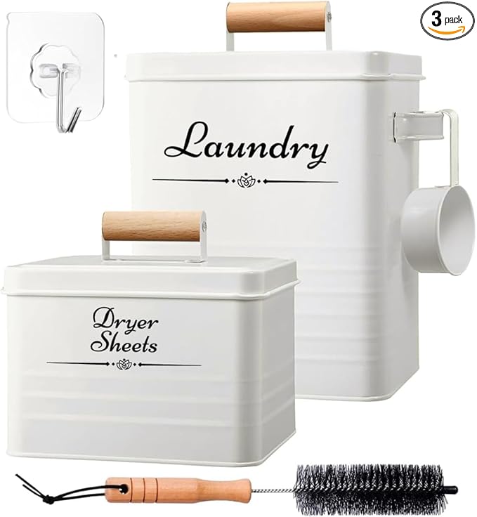 Farmhouse Metal Laundry Pods Container with Dryer Sheet Holder for Organization and Storage, Laundry Room Decor - Holds 156 Pods and 300 Sheets (White)
