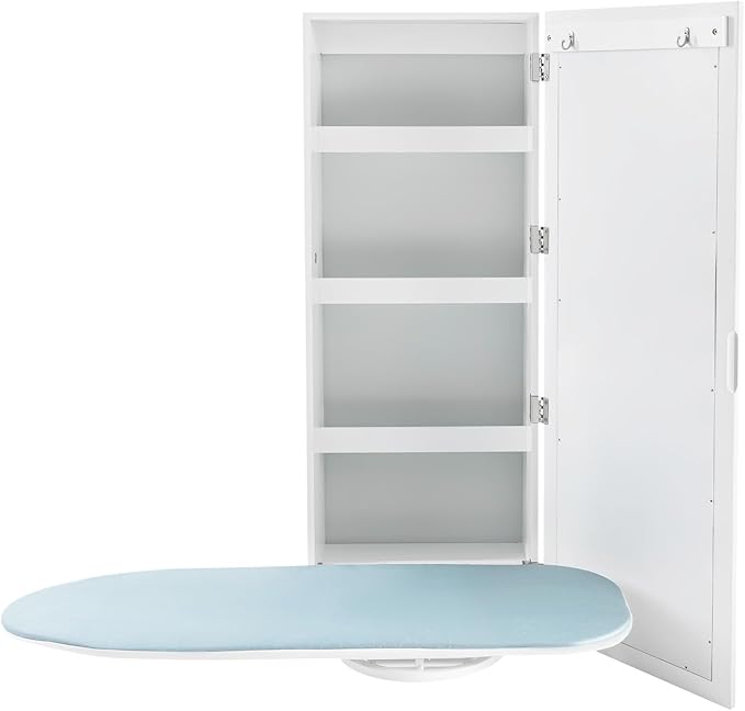 Wall-Mounted Ironing Board Cabinet with Storage Shelves & Door, Built in Foldable Ironing Board, Wall Hanging Ironing Storage Station for Bedrooms Laundry Rooms Apartments Small Spaces