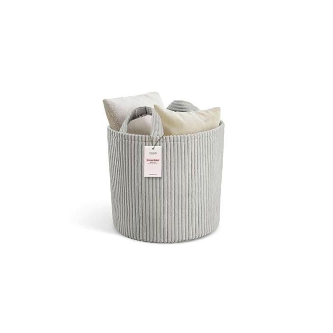 PUTSKA Blanket Basket – Round Storage for Toys and Blankets, Clothes, Stuffed Animals – Soft Baby Girl Basket for Nursery, Kids Room, Bedroom, Living Room – Regular, Grey